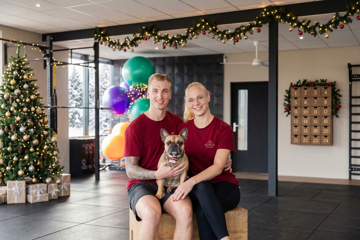 Jojanneke, Laurens en Barbell in de kerstversierde studio van FIT Progression